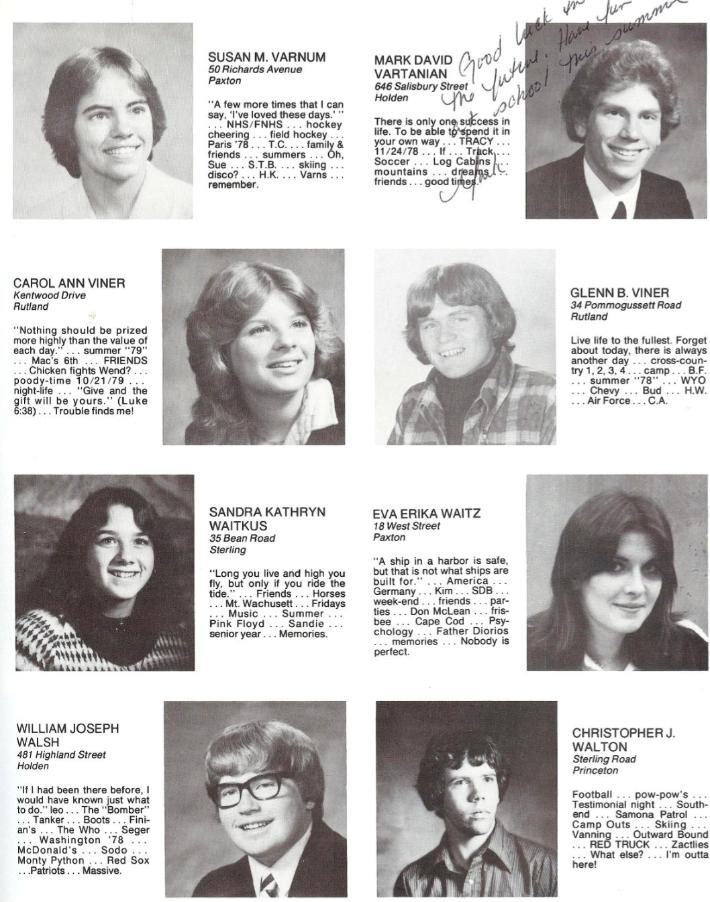 Wachusett Regional High School Class of 1980 Susan M Varnum, Mark David Vartanian, Carol Ann Viner, Glenn B Viner, Sandra Kathryn Waitkus, Eva Erika Waitz, William Joseph Walsh, Christopher J Walton